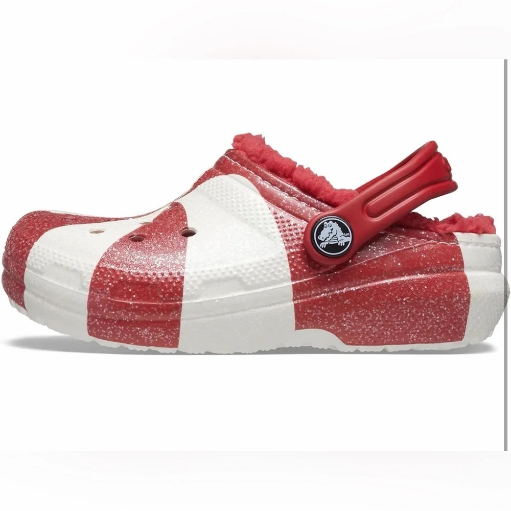 CROCS Kids Red and White Peppermint-Pattern Fleece-Lined Clog